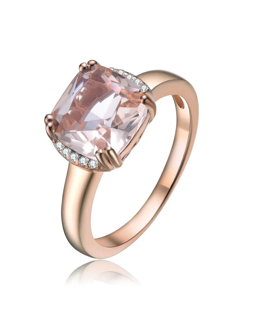Sterling Silver 18k Rose Gold Plated with Pink & Cubic Zirconia Cushion Solitaire Halo Ring