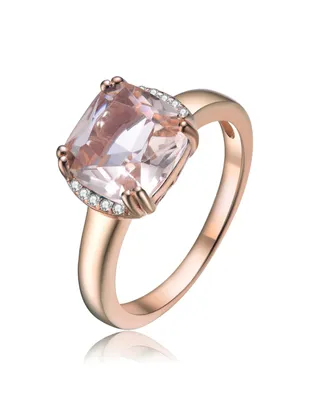 Sterling Silver 18k Rose Gold Plated with Pink & Cubic Zirconia Cushion Solitaire Halo Ring