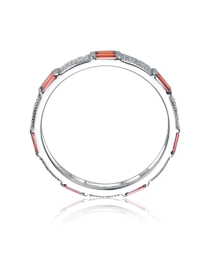 Sterling Silver White Gold Plated with Red Baguette & Round Cubic Zirconia Eternity Band Stacking Ring
