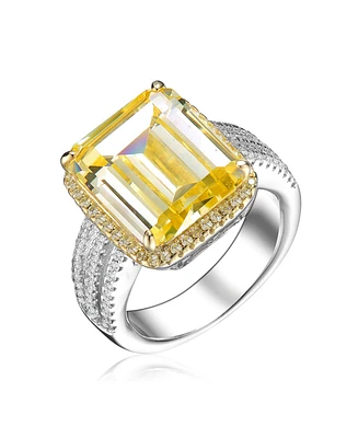 Sterling Silver White Gold Plated Yellow Ascher with Clear Round Cubic Zirconia Triple Pave Ring
