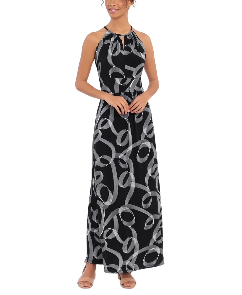 London Times Women's Printed Jersey Halter-Neck Maxi Dress