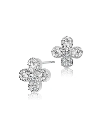 Gv Sterling Silver White Gold Plated Clear Pear and Round Cubic Zirconia Clover Earrings