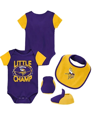 Newborn and Infant Boys and Girls Purple, Gold Minnesota Vikings Little Champ Three-Piece Bodysuit Bib and Booties Set