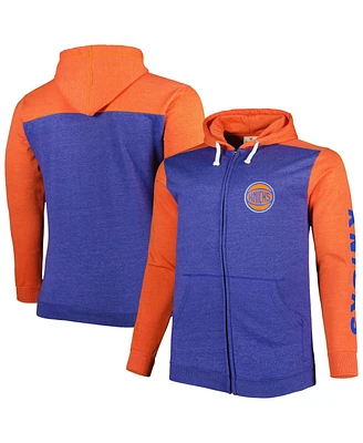 Men's Fanatics Heathered Blue, Orange New York Knicks Big and Tall Down Distance Full-Zip Hoodie