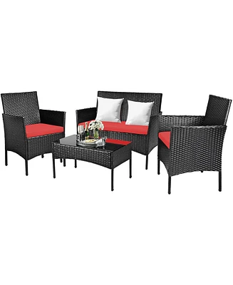 4PCS Patio Rattan Furniture Set Cushioned Sofa Coffee Table Backyard