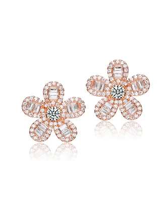 Sterling Silver 18K Rose Plated Clear Cubic Zirconia Flower Stud Earrings