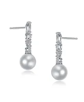 Sterling Silver White Gold Plated White Round Pearl Drop Earrings