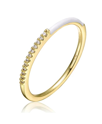 Ra Young Adults/Teens 14k Yellow Gold Plated with Cubic Zirconia White Enamel Half & Slim Stacking Ring