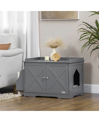 PawHut Wide & Large Cat Litter Box Furniture Hidden Farmhouse Table with Magnetic Doors, Big Covered Kitty Litter Box Enclosure Cabinet with Shelves,