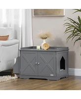 PawHut Wide & Large Cat Litter Box Furniture Hidden Farmhouse Table with Magnetic Doors, Big Covered Kitty Litter Box Enclosure Cabinet with Shelves,