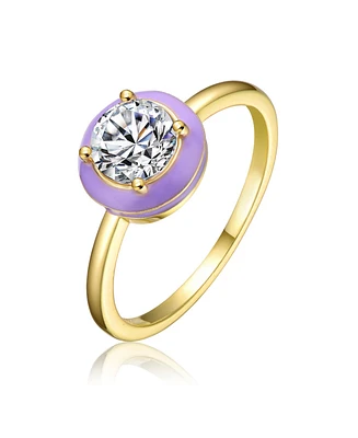 Ra Young Adults/Teens 14k Yellow Gold Plated with Cubic Zirconia Blue/Purple Enamel Bezel Stacking Ring