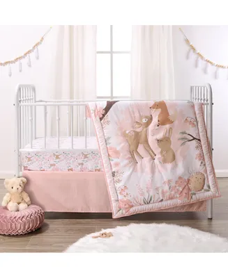 The Peanutshell Pink and White Fairytale Forest Crib Bedding Set for Baby Girls, 3 Piece Nursery Set