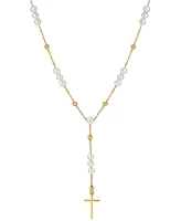 Cultured Freshwater Pearl (4 - 4 1/2mm) Cross 18" Lariat Necklace in 14k Gold-Plated Sterling Silver