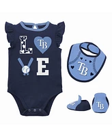 Newborn and Infant Boys Girls Navy, Light Blue Tampa Bay Rays Three-Piece Love of Baseball Bib, Bodysuit Booties Set