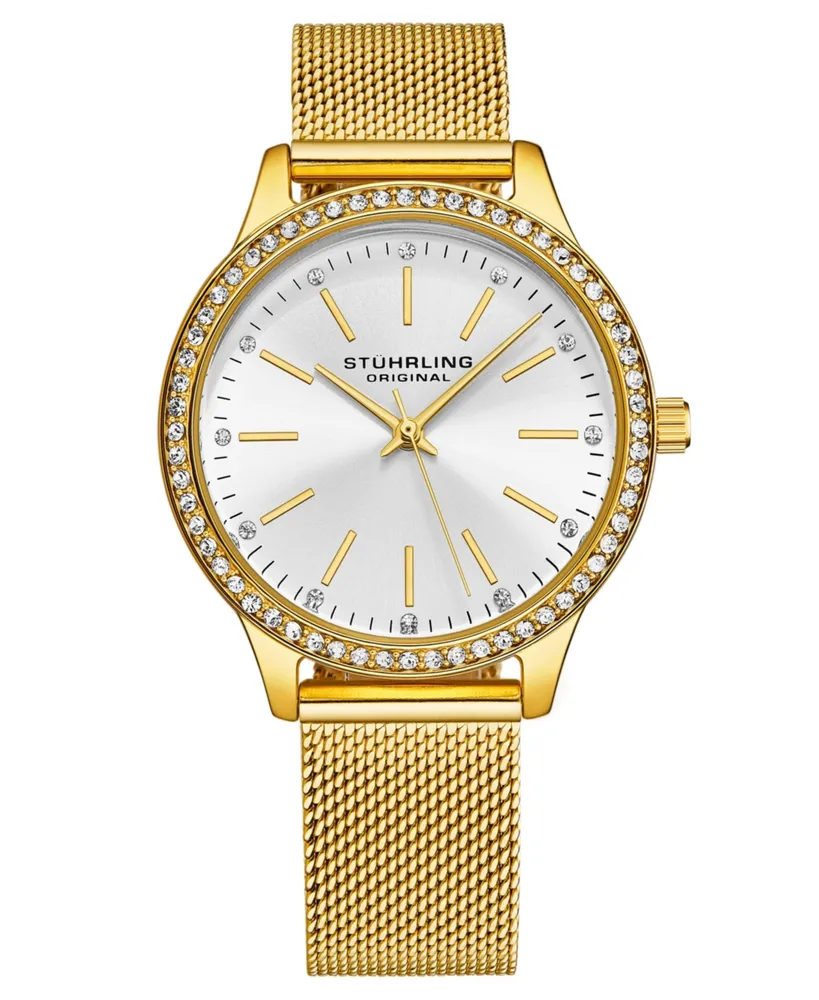 Stuhrling Women's Quartz Crystal Studded Gold Case and Gold Mesh Bracelet, Silver Dial, Gold Hands and Markers Watch