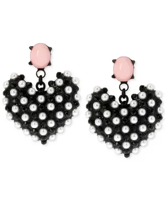 Betsey Johnson Black-Tone Imitation Pearl Heart Earrings