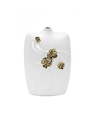 White Ceramic Vase Gold-Tone Flower Design