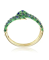 Rachel Glauber 14k Yellow Gold Plated with Green Cubic Zirconia Green & Blue Enamel 3D Serpent Coiled Bypass Wrapped Bangle Bracelet
