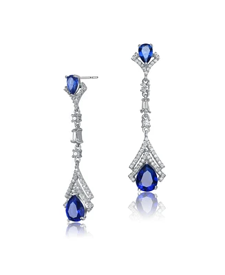 Sterling Silver With White Gold Plated Clear And Green Cubic Zirconia Double Haloed Drop Earrings