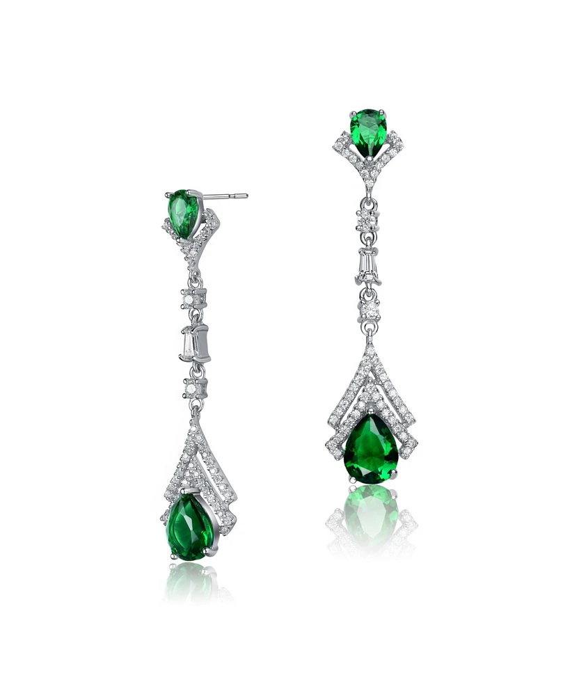 Sterling Silver With White Gold Plated Clear And Green Cubic Zirconia Double Haloed Drop Earrings