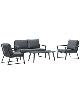 Outsunny 4 Piece Patio Furniture Set, Aluminum Conversation Set, Outdoor Garden Sofa Set with Armchairs, Loveseat, Center Coffee Table and Cushions, D