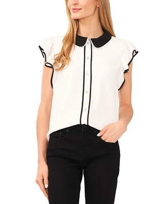 CeCe Women's Contrast Trimmed Flutter Sleeve Blouse