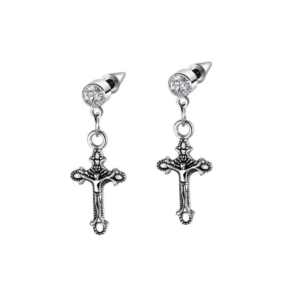 Stainless Steel Oxidized Cross Charm & Cz Huggie Hoop Earrings