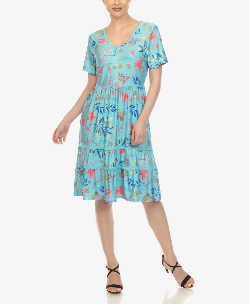 White Mark Women's Floral Short Sleeve Knee Length Dress