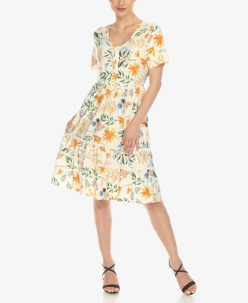 White Mark Women's Floral Short Sleeve Knee Length Dress