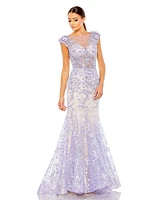 Mac Duggal Women's Embellished Cap Sleeve Illusion Neck Trumpet Gown