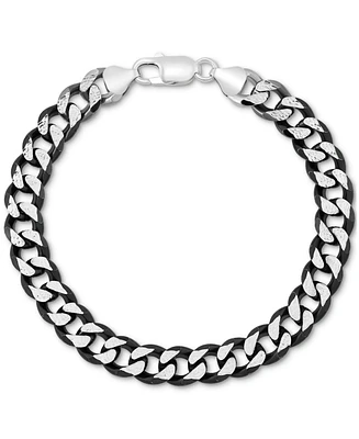 Italian Silver Men's Curb Link Chain Bracelet in Sterling Silver & Black Ruthenium-Plate
