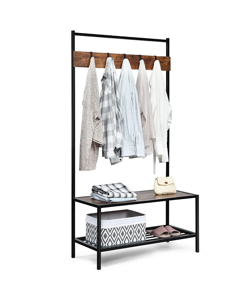 3 in 1 Industrial Coat Rack Shoe Bench Hall Tree Entryway Storage Shelf w/ Hooks