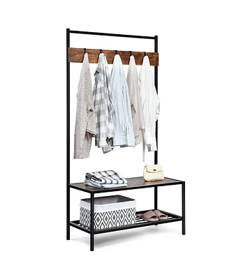 3 in 1 Industrial Coat Rack Shoe Bench Hall Tree Entryway Storage Shelf w/ Hooks