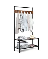3 in 1 Industrial Coat Rack Shoe Bench Hall Tree Entryway Storage Shelf w/ Hooks