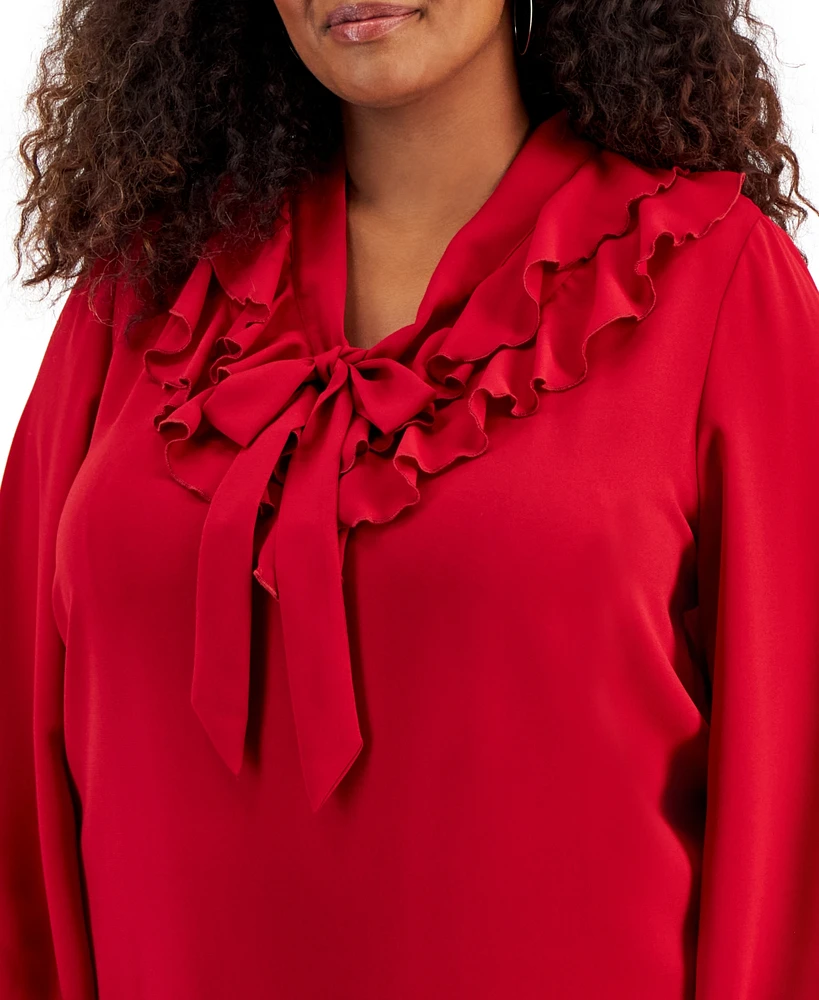 Kasper Plus Size Tie-Front Ruffle-Trim Blouse