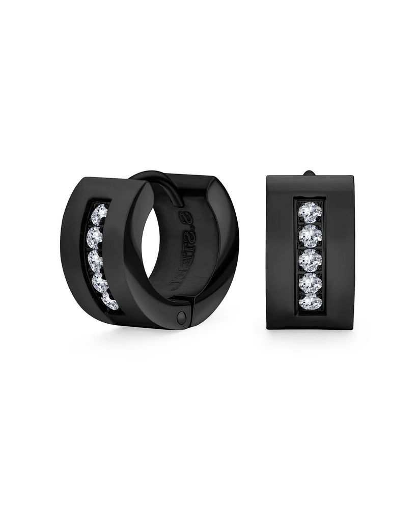 Unisex Channel Set 3 Row Cubic Zirconia Cz K-pop Wide Mini Hoop Huggie Earrings For Men Women Black Plated Steel Stainless