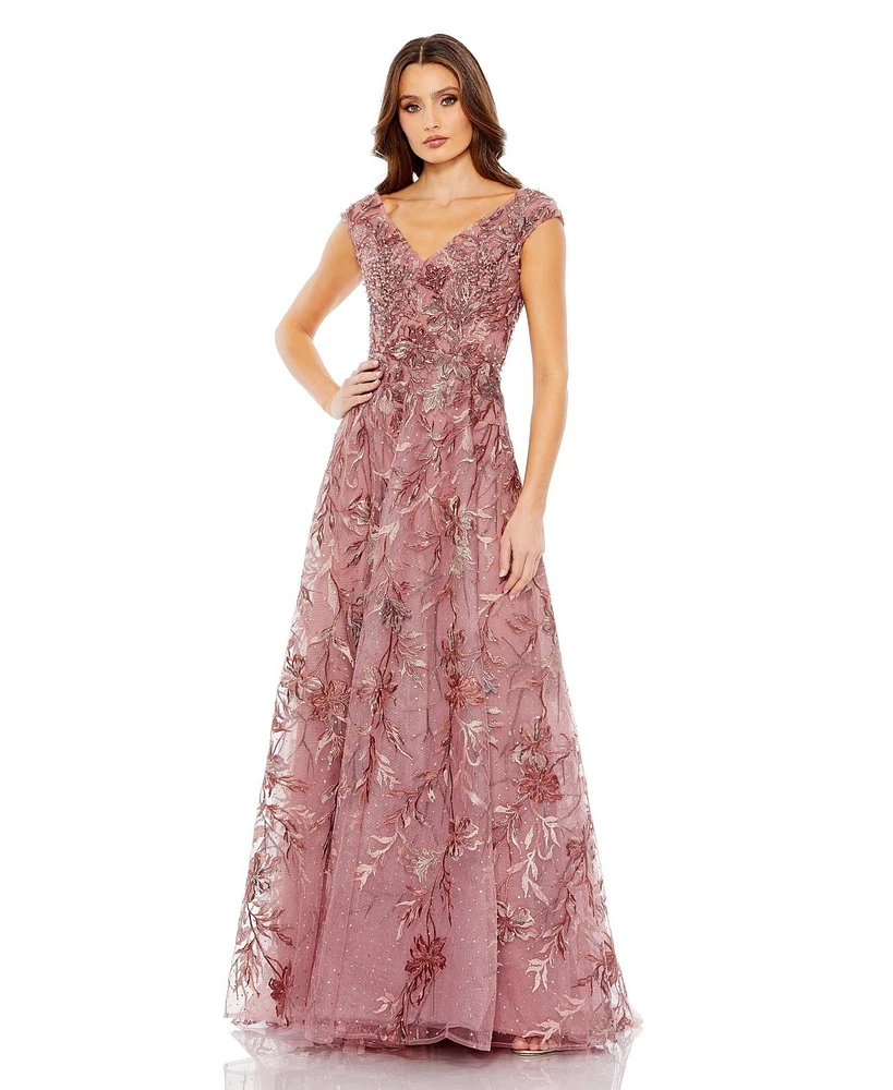 Mac Duggal Women's Sequin Gown with Embellished Hemline and Belt