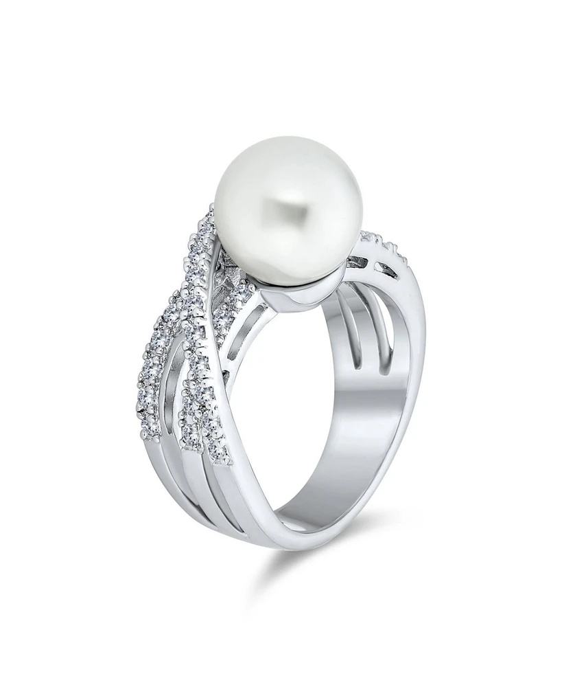 Bling Jewelry Geometric Criss Cross Pave Cz Solitaire White Simulated Pearl Fashion Statement Ring Silver Plated Brass