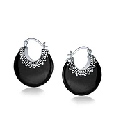 Bling Jewelry Tribal Black Natural Onyx Round Half Crescent Hoop Earrings Oxidized Milgrain Caviar Bead Sterling Silver