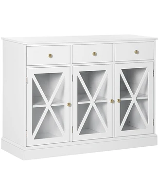 Homcom 45" Farmhouse Sideboard Buffet Cabinet with Glass Doors and 3 Drawers,