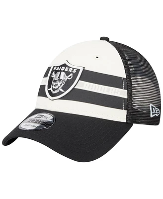 Men's New Era Cream, Black Las Vegas Raiders Team Stripe Trucker 9FORTY Snapback Hat