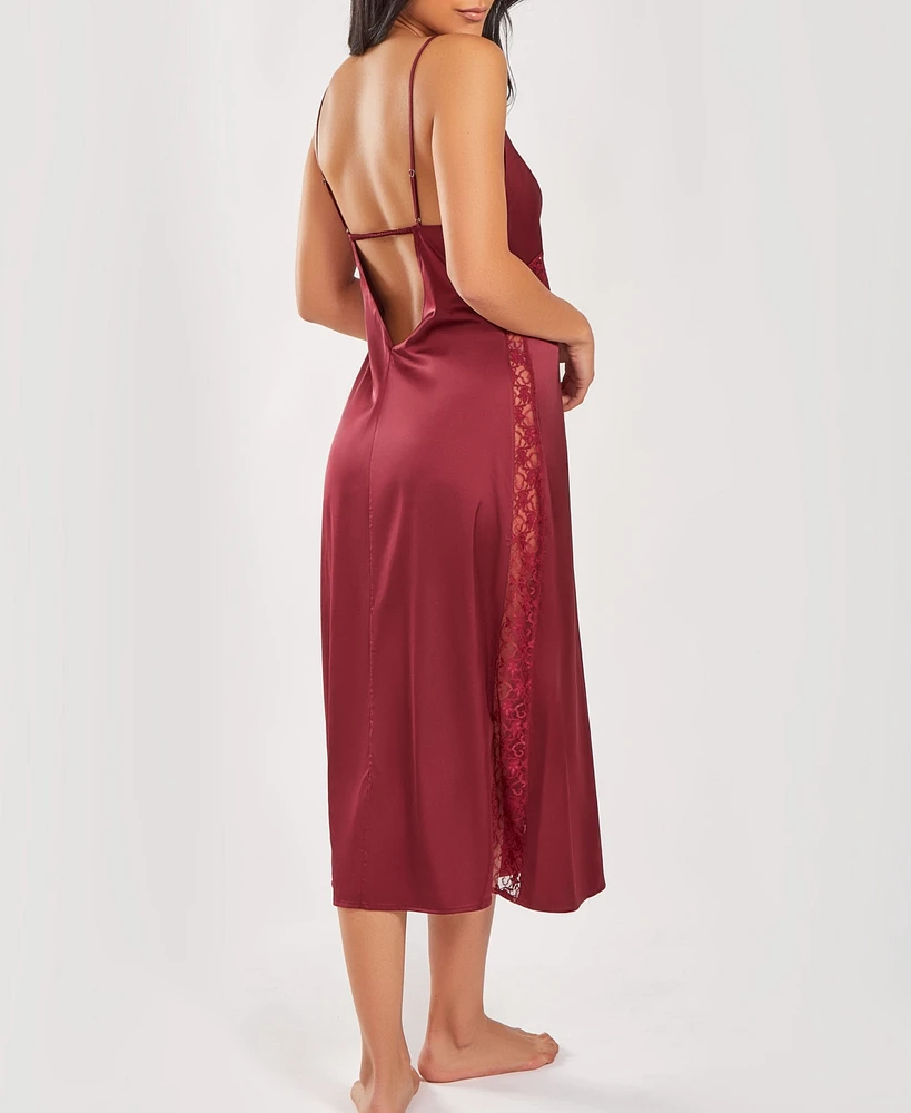 iCollection Women's Silky Open Back Nightgown with Lace Trims