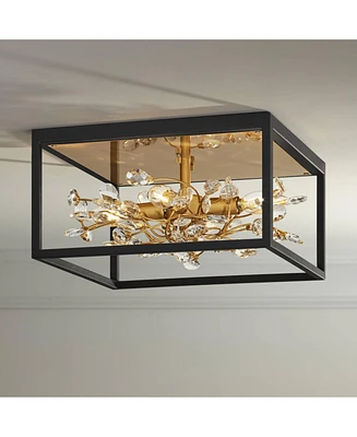 Possini Euro Design Carrine Modern Ceiling Light Flush-Mount Fixture 14 1/4" Wide Black Metal Gold Branches 4-Light Clear Crystal Buds for Bedroom Kit