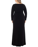 Xscape Plus V-Neck Twist-Front Side-Ruffle Gown