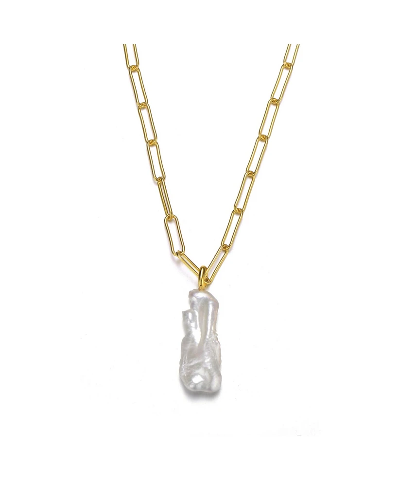 14k Yellow Gold Plated with Free-Form Baroque Genuine Freshwater White Pearl Pendant Cable Layering Necklace in Sterling SIlver