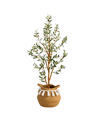 Nearly Natural 42" Artificial Olive Tree with Handmade Jute Cotton Basket with Tassels