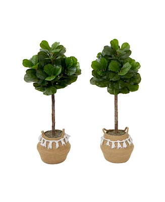 Nearly Natural 48" Artificial Fiddle Leaf Fig Tree with Handmade Jute Cotton Basket with Tassels Diy Kit Set of 2