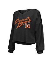 Women's Majestic Threads Joe Burrow Black Distressed Cincinnati Bengals Name and Number Off-Shoulder Script Cropped Long Sleeve V-Neck T-shirt