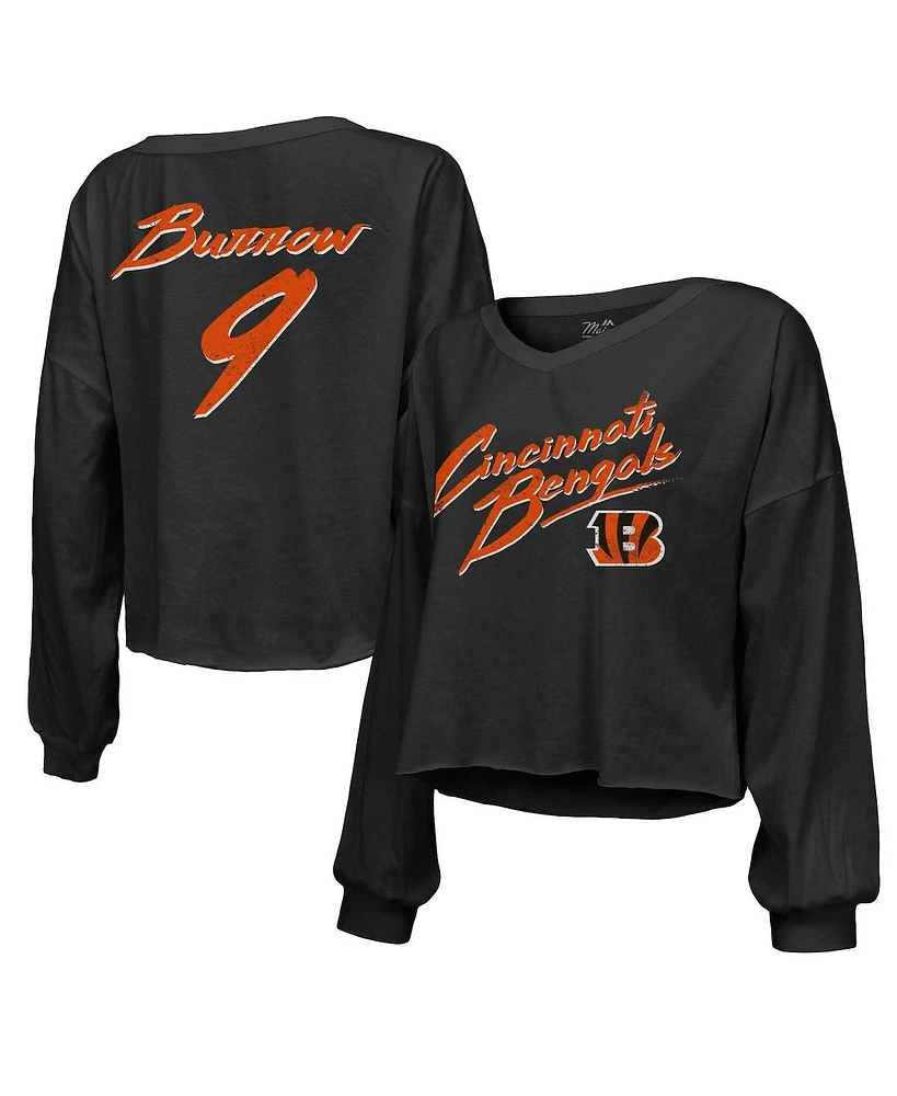 Women's Majestic Threads Joe Burrow Black Distressed Cincinnati Bengals Name and Number Off-Shoulder Script Cropped Long Sleeve V-Neck T-shirt