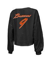 Women's Majestic Threads Joe Burrow Black Distressed Cincinnati Bengals Name and Number Off-Shoulder Script Cropped Long Sleeve V-Neck T-shirt